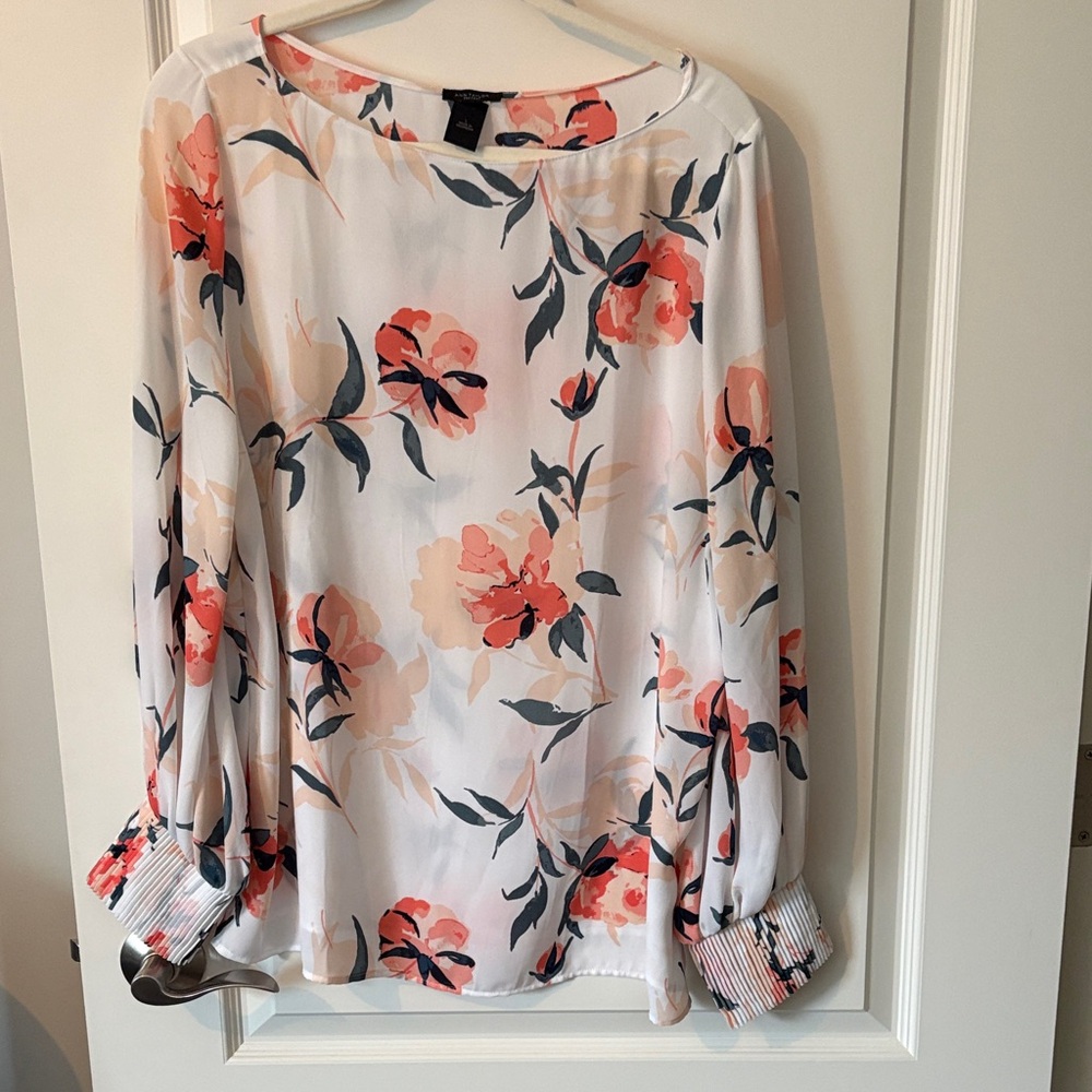 Ann Taylor Factory White Blouse with Coral and Green Floral Print